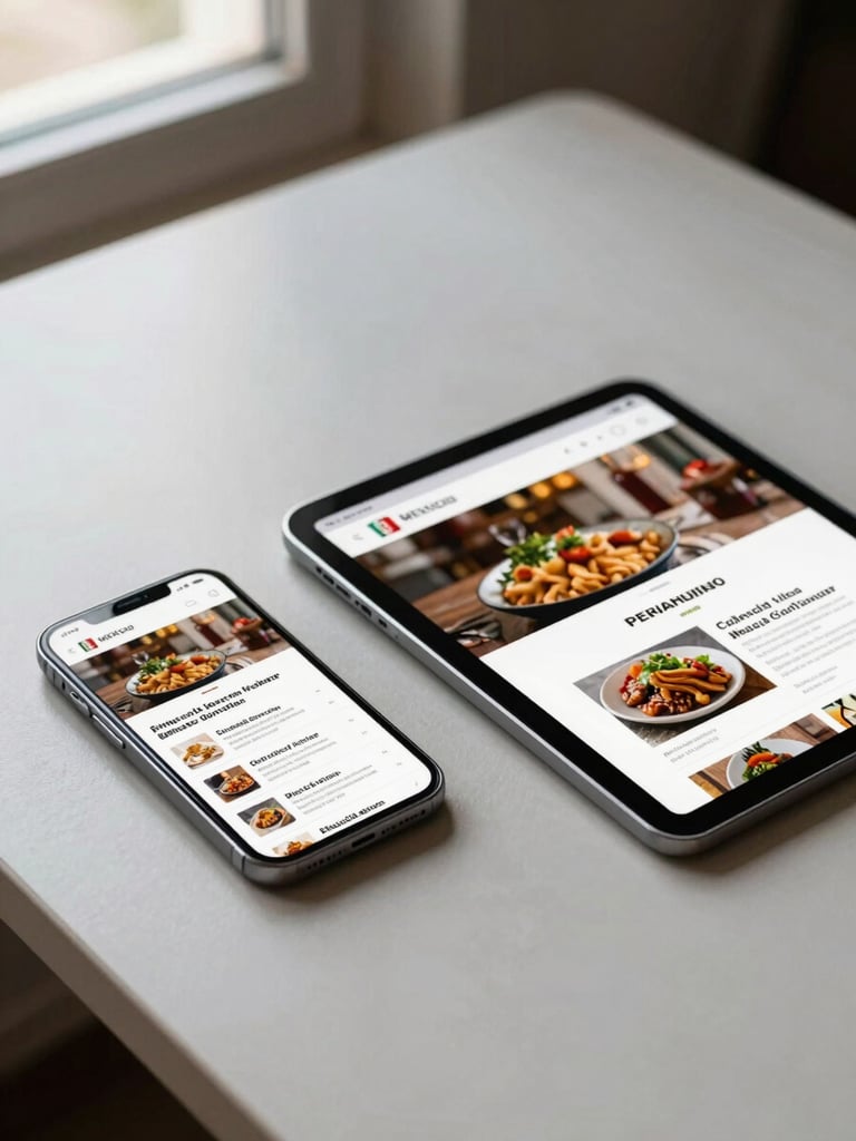 Wide shot of a smartphone and tablet on a minimal light desk, both showing a bilingual Mexican restaurant website — Spanish on the phone, English on the tablet — natural side light from a window, screens sharp and readable, no props