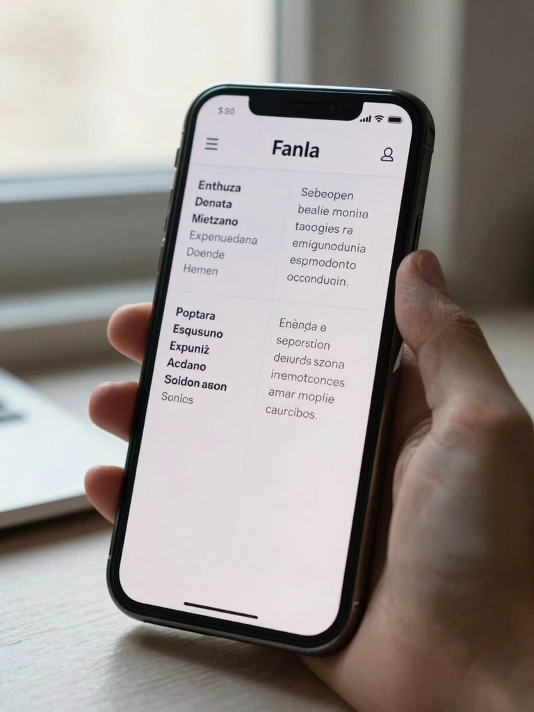 Close-up of a smartphone held upright in natural window light, screen showing a clean bilingual website with Spanish and English navigation side by side, real UI text visible, neutral desk surface below