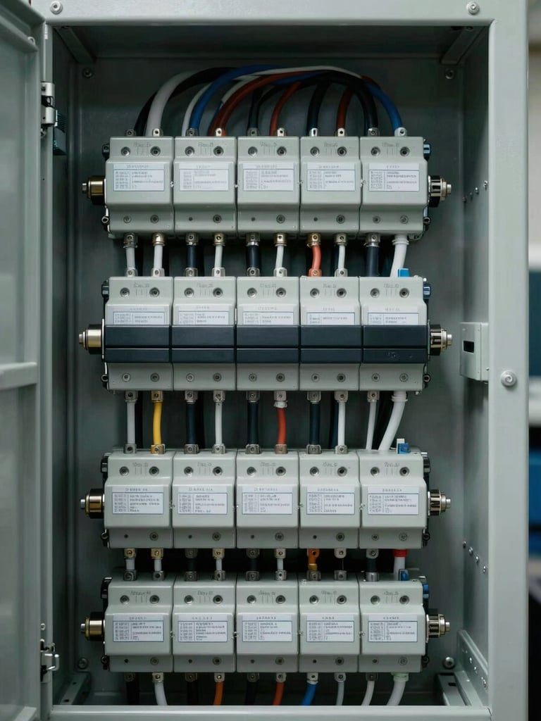 Straight-on close-up of an open electrical switchgear panel interior — visible busbars, labeled terminal rows, relay cards and cable lugs — under cool studio lighting that renders every component detail with industrial clarity, no shadows obscuring labels