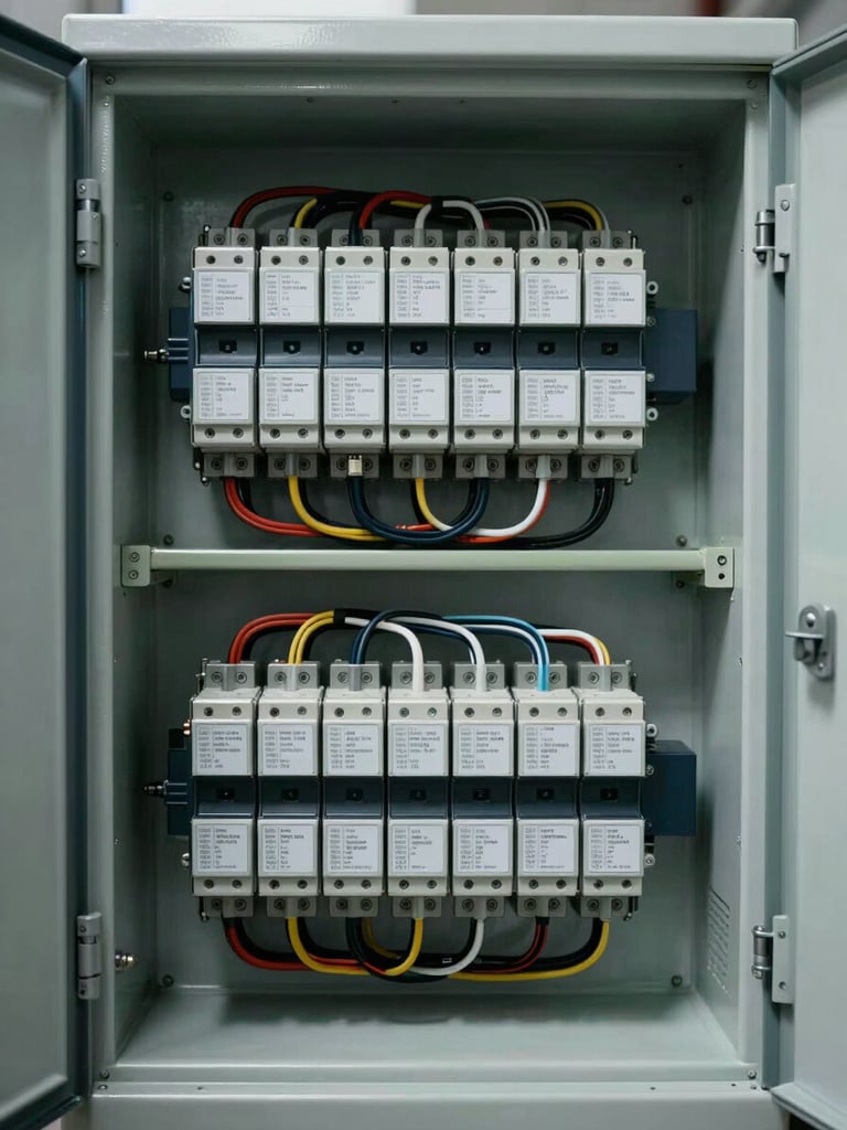 Close-up straight-on shot of open switchgear cabinet section showing relay cards, wiring looms and terminal labels under cool north-facing industrial lighting, no people, readable component markings visible