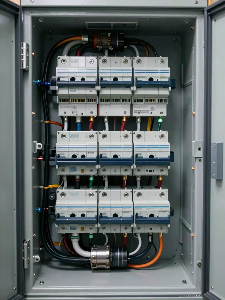 Close-up straight-on shot of an open LV switchgear section interior, visible busbars, labeled terminal blocks, cable lugs and circuit breakers under cool studio lighting, industrial clarity, no people
