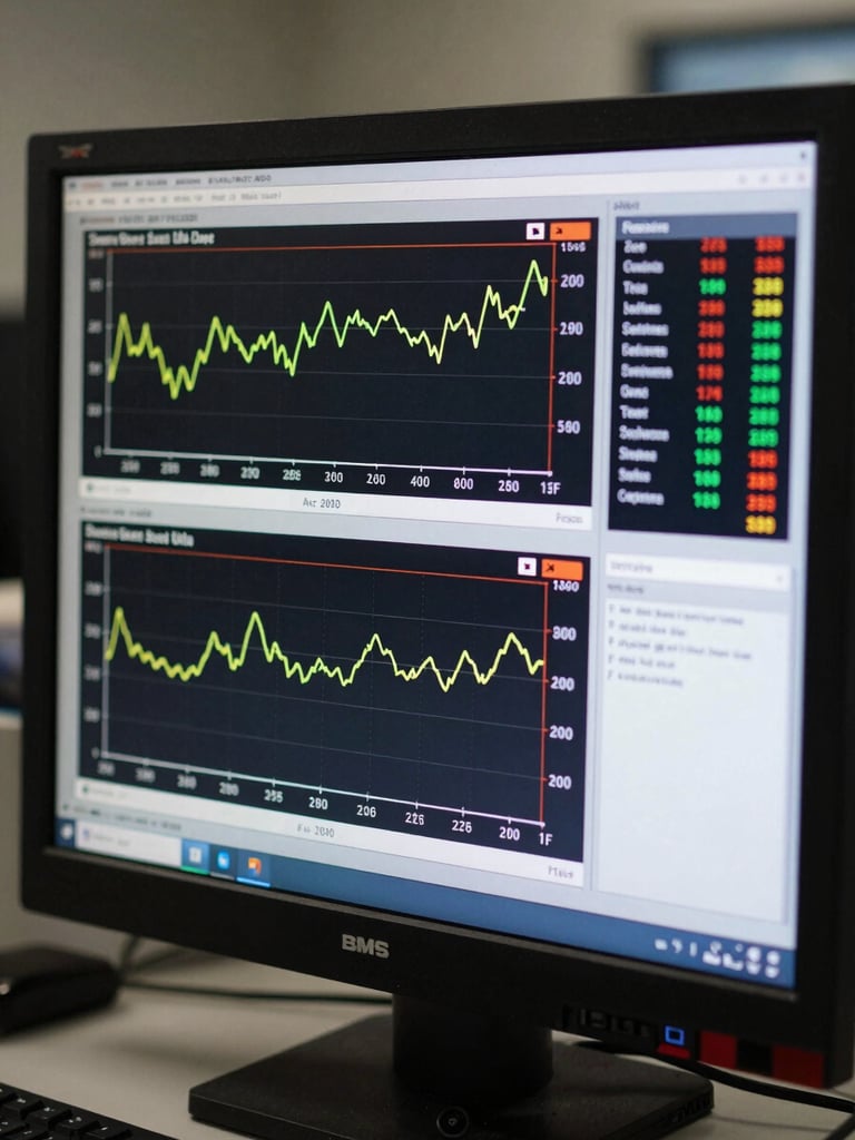 Close straight-on photograph of a BMS or SCADA operator screen showing live energy trend graphs, consumption data tables and alarm status indicators, cool monitor glow illuminating the panel face, readable labels and numeric values visible, no operator present
