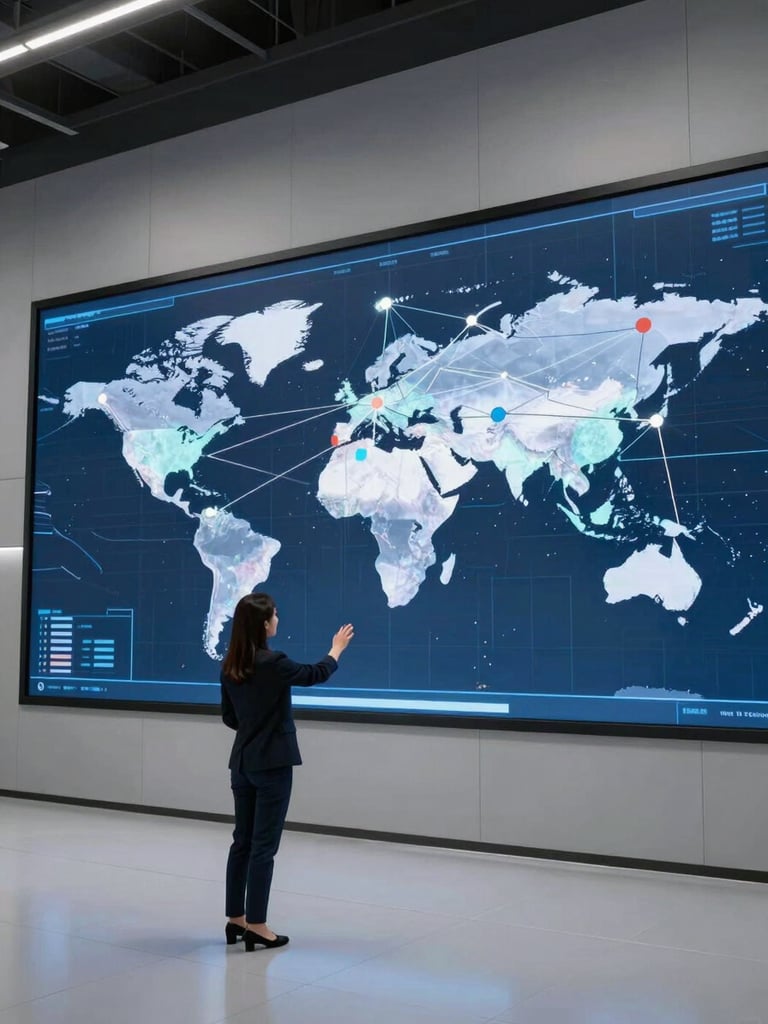 Wide shot of a modern secured operations hub, a woman standing at a large illuminated screen displaying a network map of connected nodes across continents, even studio lighting, architectural interior with clean lines, hands gesturing toward the screen, no face visible