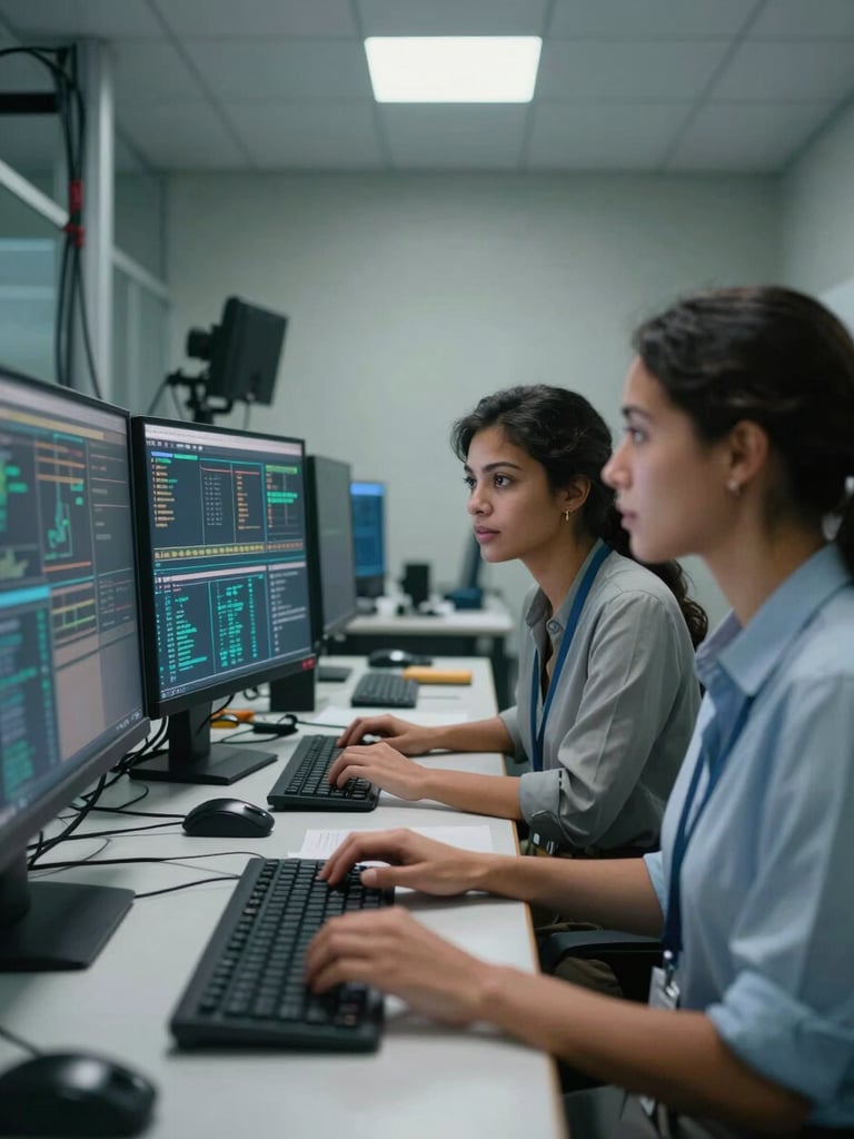 Environmental shot inside a secure, well-lit operations center, two women of different ethnicities studying overlapping data screens side by side, hands near keyboards, soft studio-quality overhead lighting, cool-toned room with organized cable infrastructure visible in background, no emotional expressions — focus on purposeful collaboration