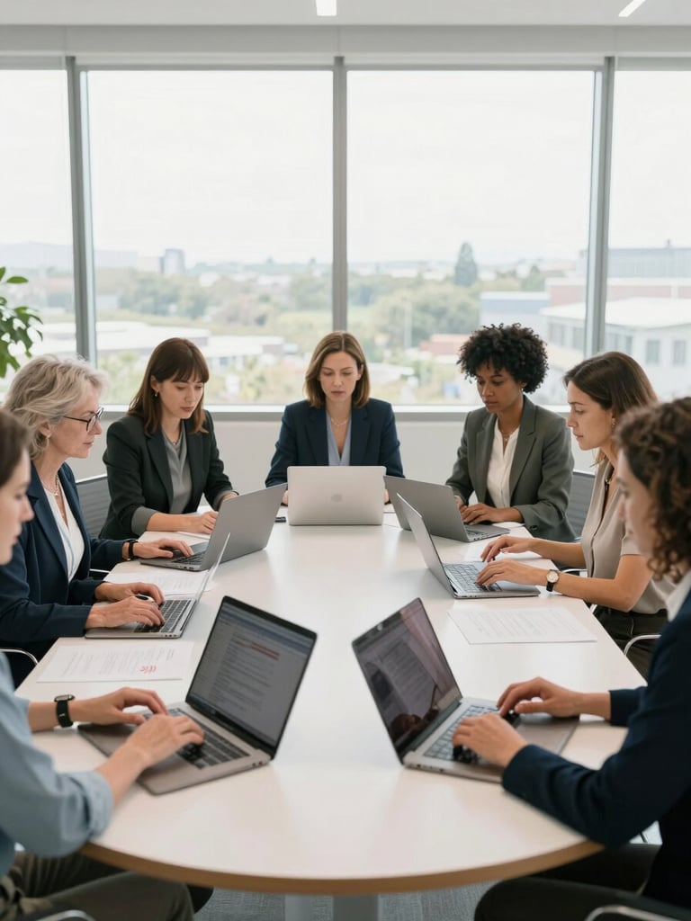Wide shot of a circular table with six women of varied ages and ethnicities reviewing documents and laptops together in a bright, organized conference room, north-facing natural light through floor-to-ceiling windows, hands visible on papers and screens, focused professional demeanor, no posed smiles — captured mid-discussion