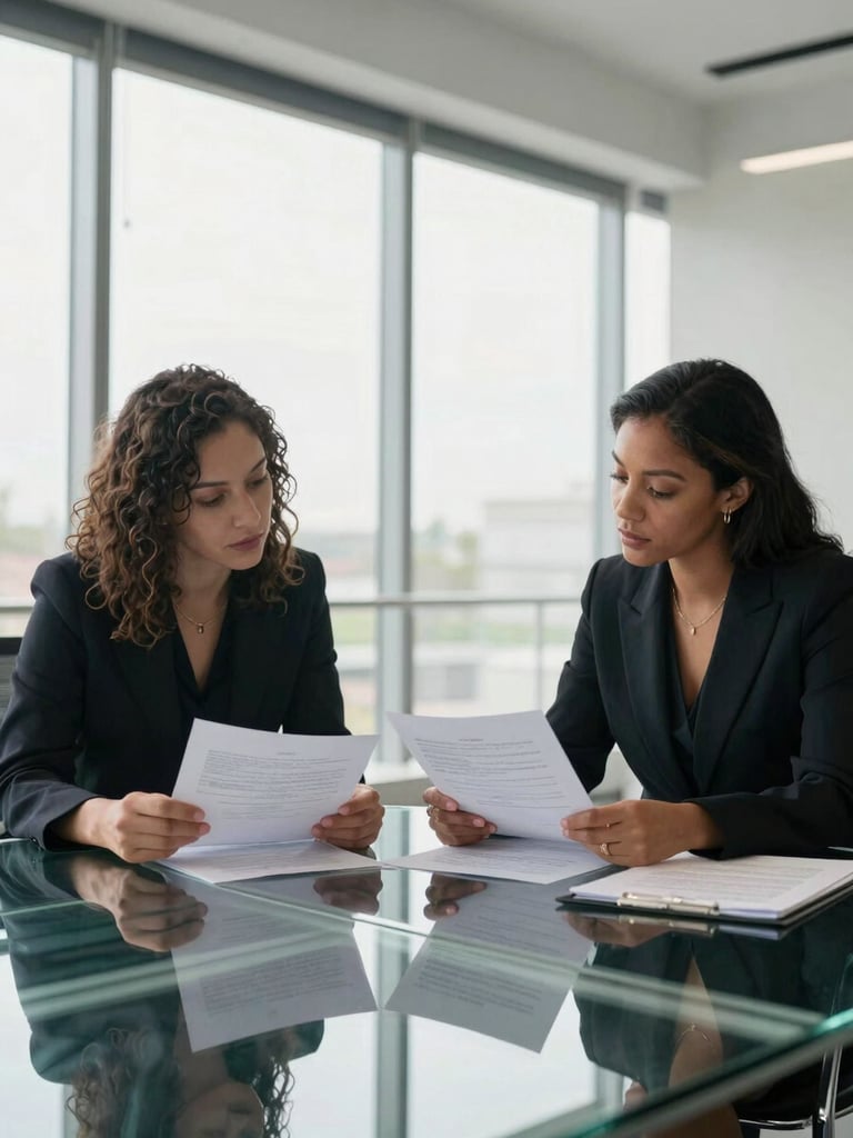 Wide environmental shot, two women of different ethnicities reviewing documents at a glass conference table, professional setting with large windows, even north-facing daylight, hands visible on papers, no eye contact with camera, context of serious collaborative work