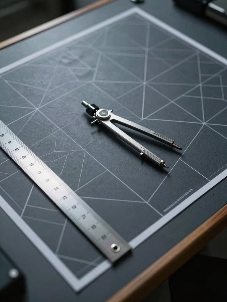 Close overhead view of a tactical operations planning table, matte charcoal surface with geometric grid maps spread flat under cool industrial light, a single metal compass and ruler placed with precision, no hands, no people, clean and structured