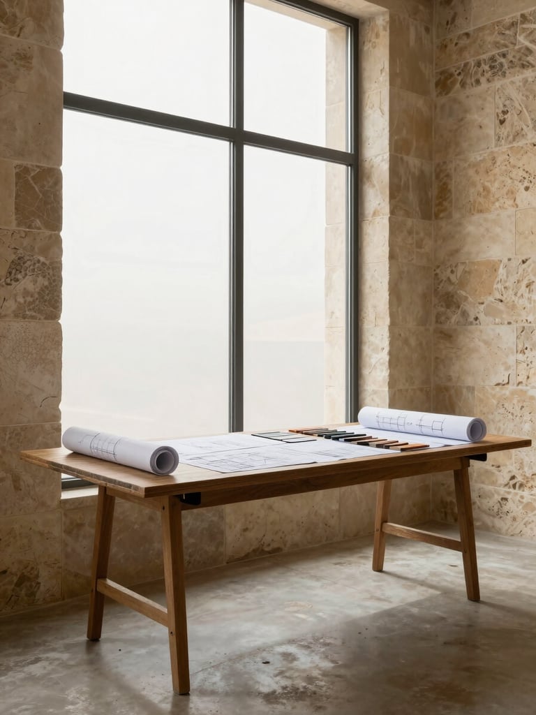 Wide architectural workspace interior in Amman — a drawing table set against a tall window with north-facing diffused daylight, limestone wall texture visible to one side, rolls of construction drawings and material samples arranged on the surface, no people present, warm concrete floor in the foreground