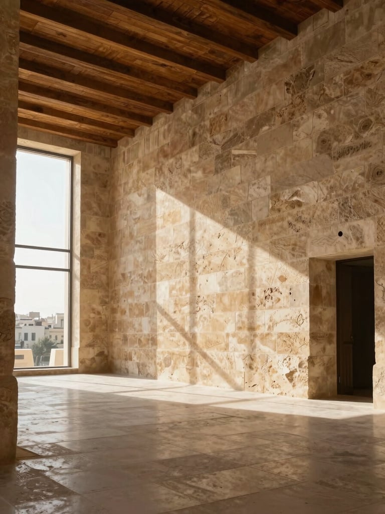 Wide architectural interior in Amman, a continuous limestone wall meeting a timber ceiling overhead, afternoon daylight entering from a deep-set window to the left, spatial depth visible through an open threshold in the background, no people, material clarity foregrounded