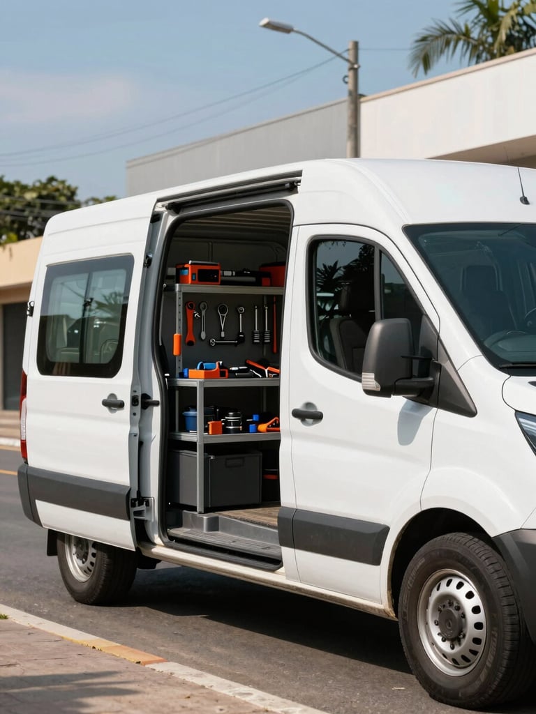 A clean, modern white service van with professional branding parked on a bright Brazilian street during daytime, tools organized neatly inside the open back door.