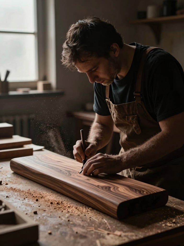 A master craftsman carving dark walnut wood in a dusty workshop, single light source from a side window, floating sawdust particles.