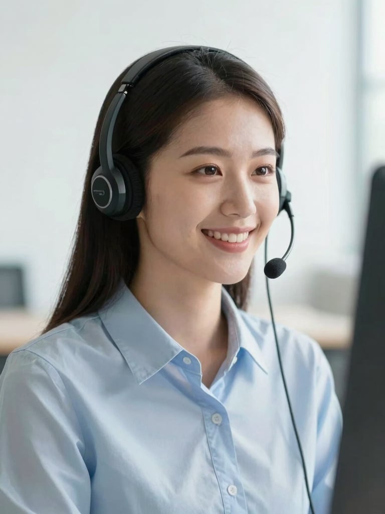 A friendly technical support agent wearing a professional headset smiling, bright clean background, natural honest daylight.