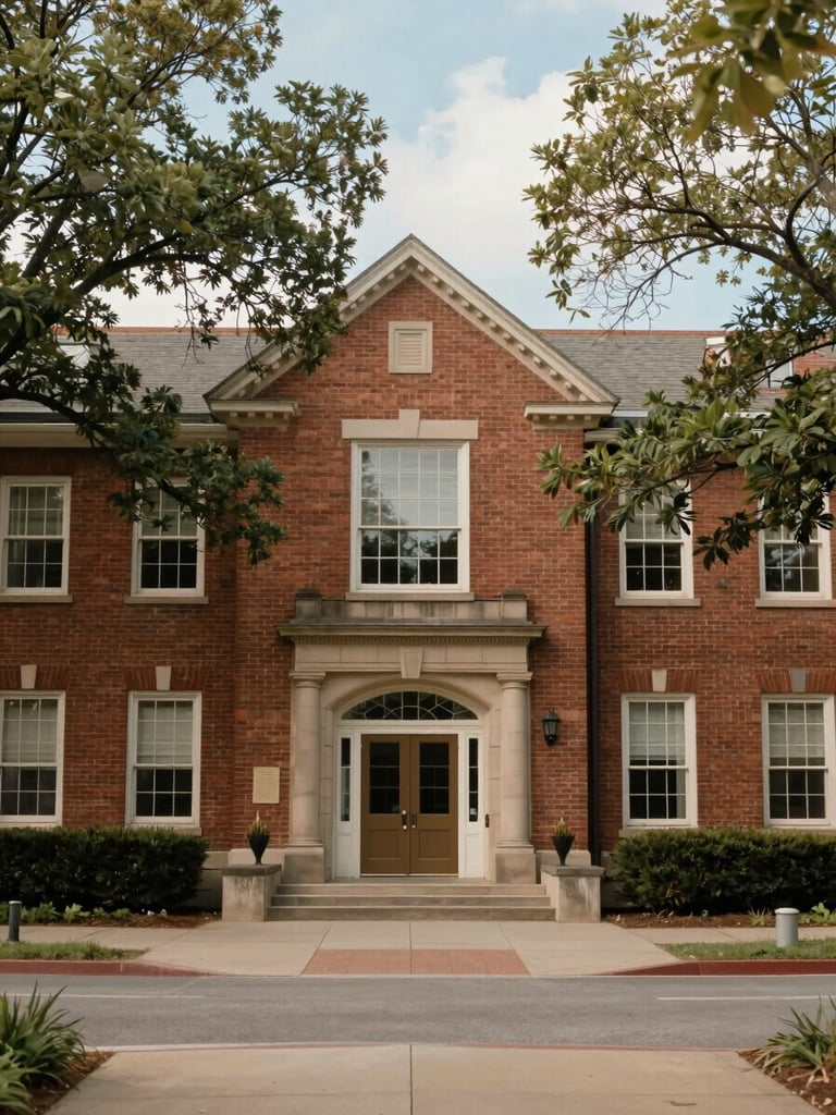 A quiet, warm-toned environmental photograph of a classic brick educational building surrounded by mature trees, soft natural daylight, 35mm
