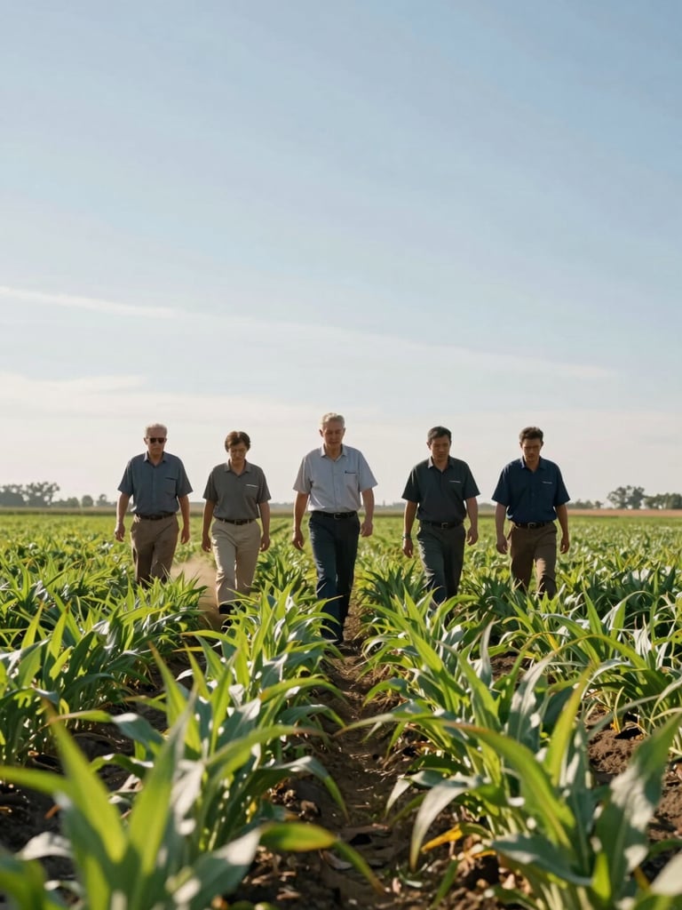 Wide field view from low angle, agronomist team walking through tall green crop rows under bright midday sun, dust visible near boots, expansive sky above