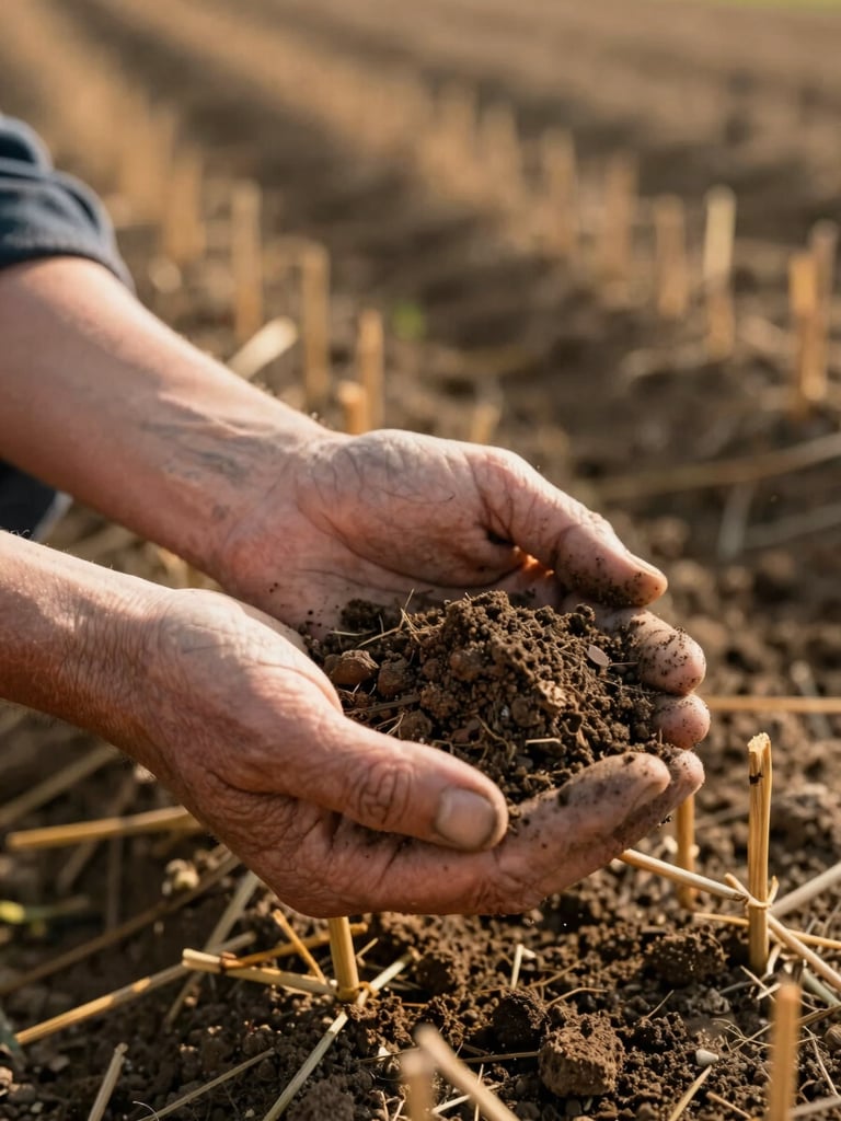 Close-up of weathered hands holding a soil sample in a cultivated field, warm afternoon light raking across the earth, crop stubble visible in background