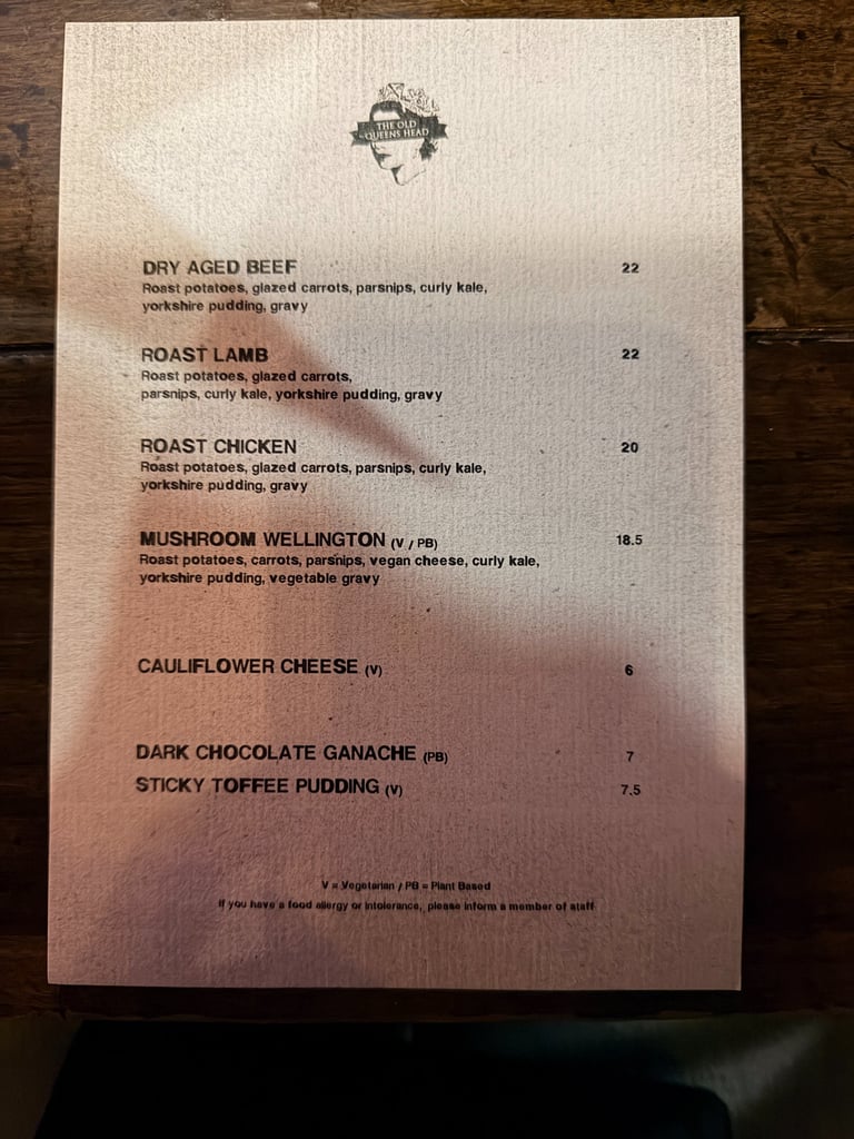 The Old Queens Head menu, London, UK, November 2025