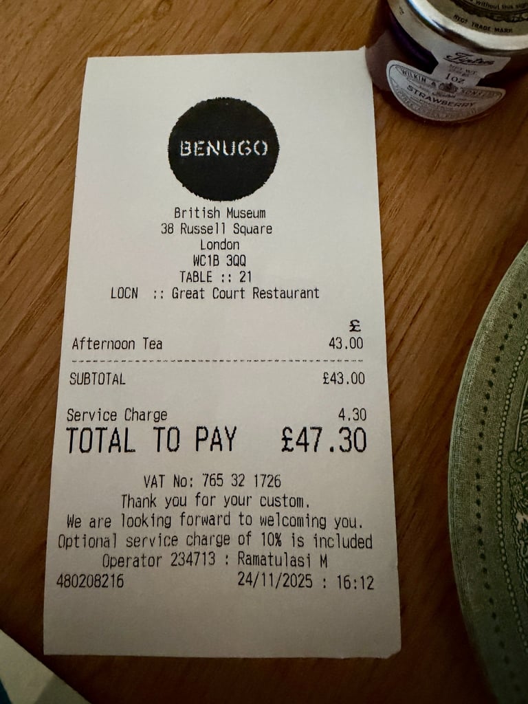 Afternoon Tea at the Great Court restaurant inside the British Museum, London, 2025