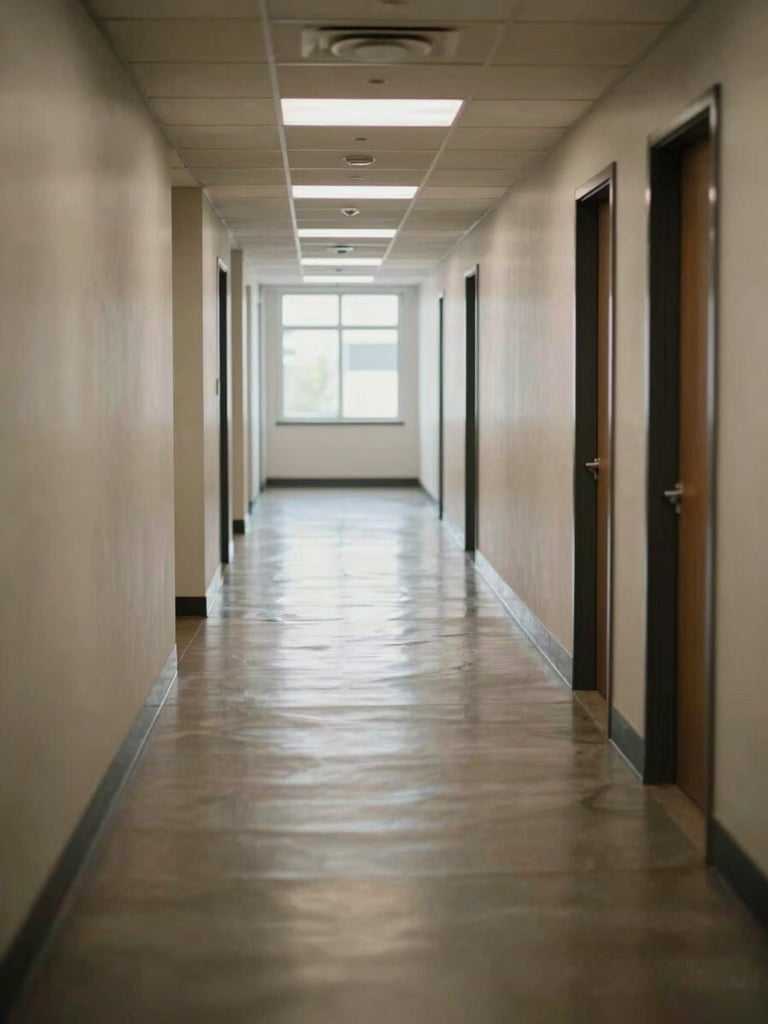 Wide shot of a freshly waxed commercial hallway in an office building, natural daylight entering from windows at the far end, neutral color temperature, floor surface reflecting overhead light, corridor receding into the distance, no people in frame