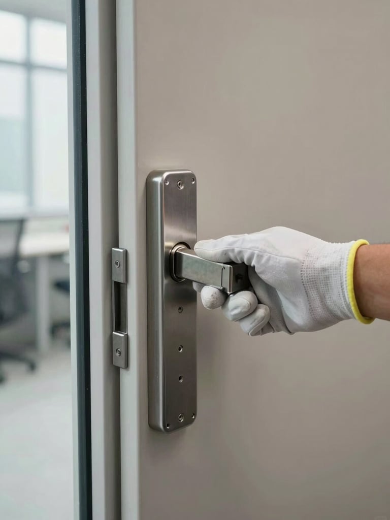 Wide shot of a commercial door lock cylinder being replaced mid-task, a gloved hand holding a new deadbolt in an office corridor, neutral daylight from a window to the left, concrete floor visible below
