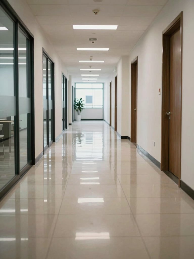 Wide environmental shot of a commercial office corridor with a high-gloss buffed floor reflecting overhead natural light, freshly finished vinyl tile, shot from low angle looking down the hallway, no staff or customers visible