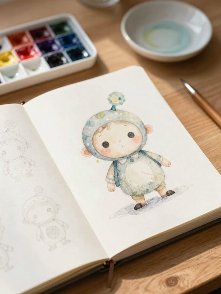 Candid view of an open artist sketchbook on a sunlit wooden table, showing pencil drafts of a whimsical character beside ceramic watercolor paint pans, soft daylight.