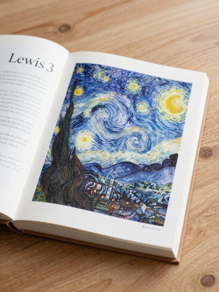 A beautifully styled flat-lay of the physical book 'Lewis' open on a wooden table, showing a watercolor page of a starry night sky, warm morning daylight, shallow depth of field