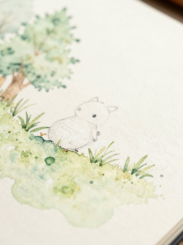 A close-up macro photograph of a watercolor study, showing delicate green sage washes and soft pencil sketches of a small forest character, warm daylight