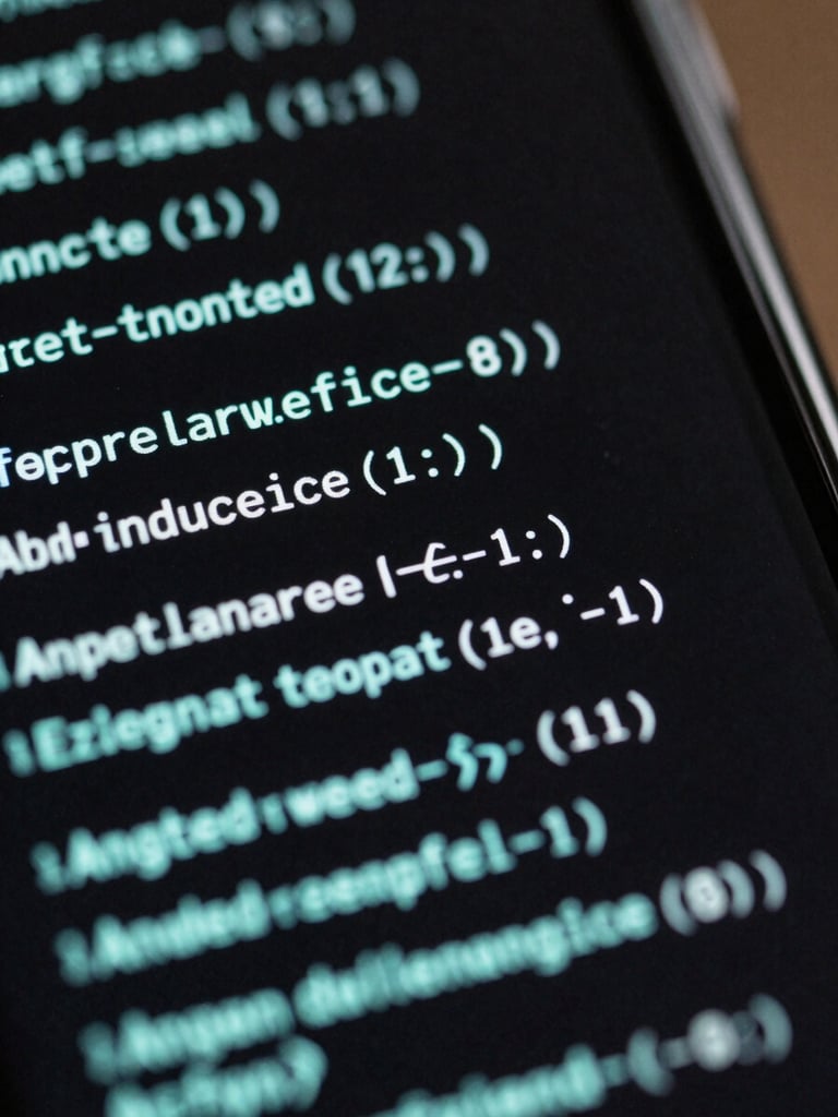 Extreme close-up macro shot of a physical Android screen showing high-contrast terminal code, subtle cyan edge-light reflecting off matte glass.
