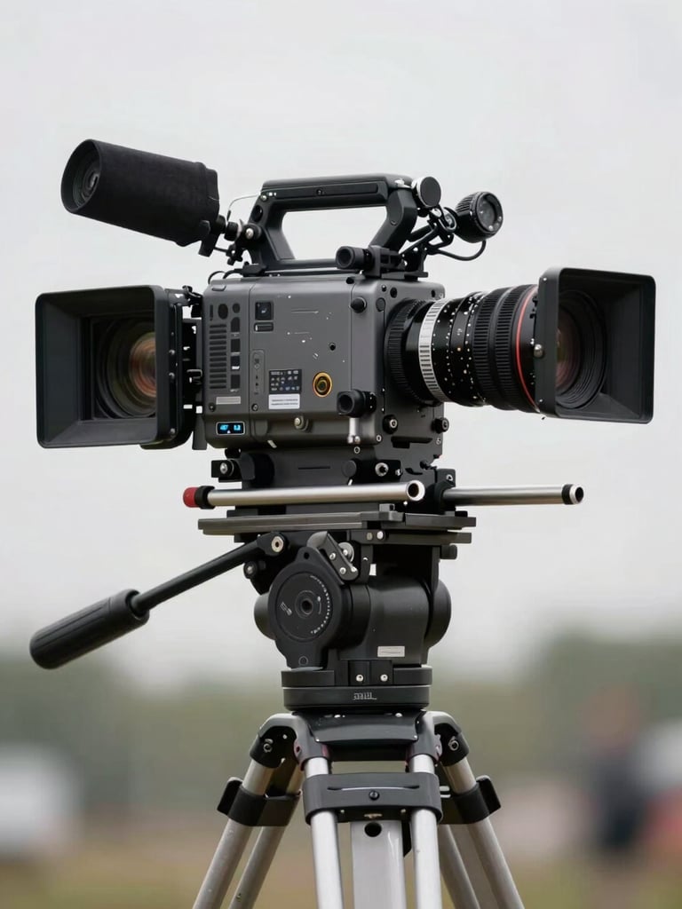 A close-up of a heavy digital cinema camera rigged on a solid tripod, soft overcast daylight highlighting the metallic textures.