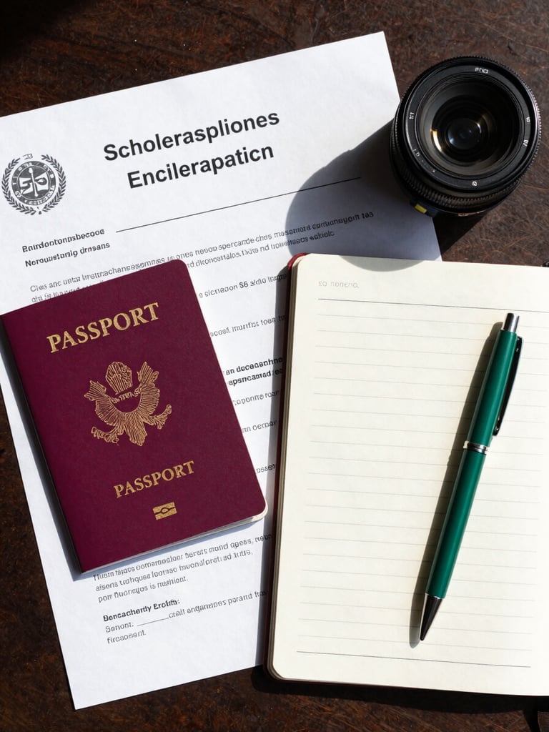 Top-down flat lay of study abroad essentials including a passport, scholarship application documents, a clean notebook, and an emerald green pen under bright natural daylight.