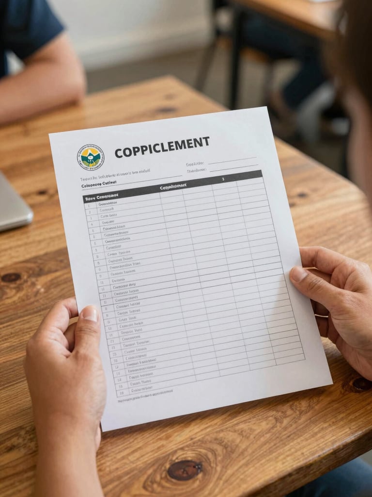 Natural editorial photography of hands holding a physical compliance checklist on a wooden table, soft West Australian daylight, focus on the paper document.