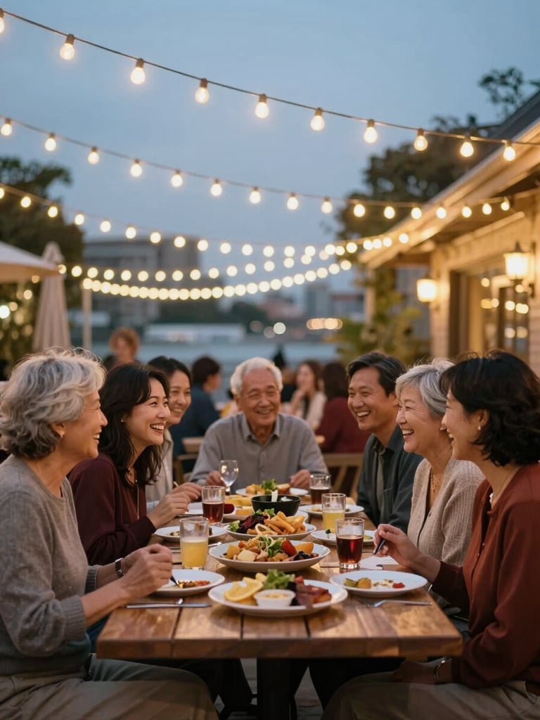 A warm environmental shot of a multi-generational family laughing and sharing food around a large outdoor table at DockYard, soft twilight, festive festoon lights glowing overhead, 35mm restaurant photography