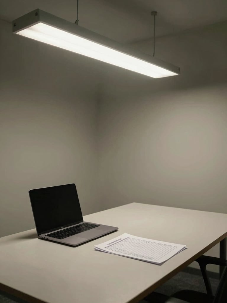 Wide shot of an empty office desk from above, fluorescent overhead light casting even cold shadows, a closed laptop and a printed timesheet visible on the surface, no people, institutional and neutral
