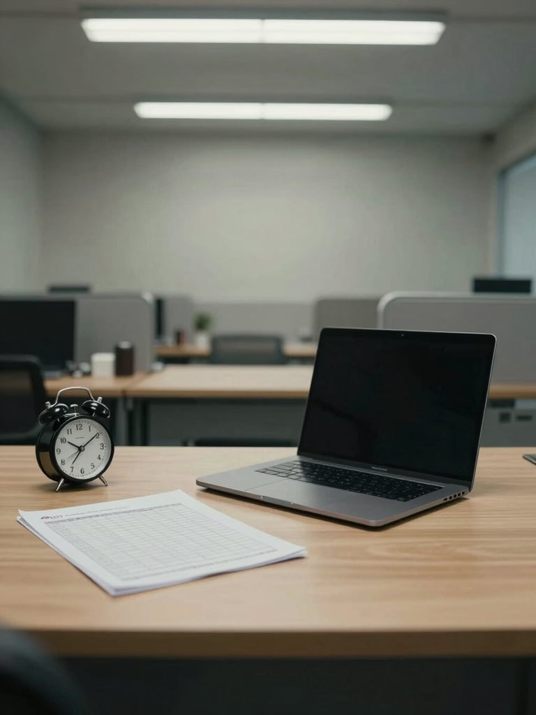 Wide overhead shot of an empty office desk, a closed laptop, a printed timesheet, and an analog clock under cool even fluorescent light — no people, institutional truth-telling atmosphere, muted tones