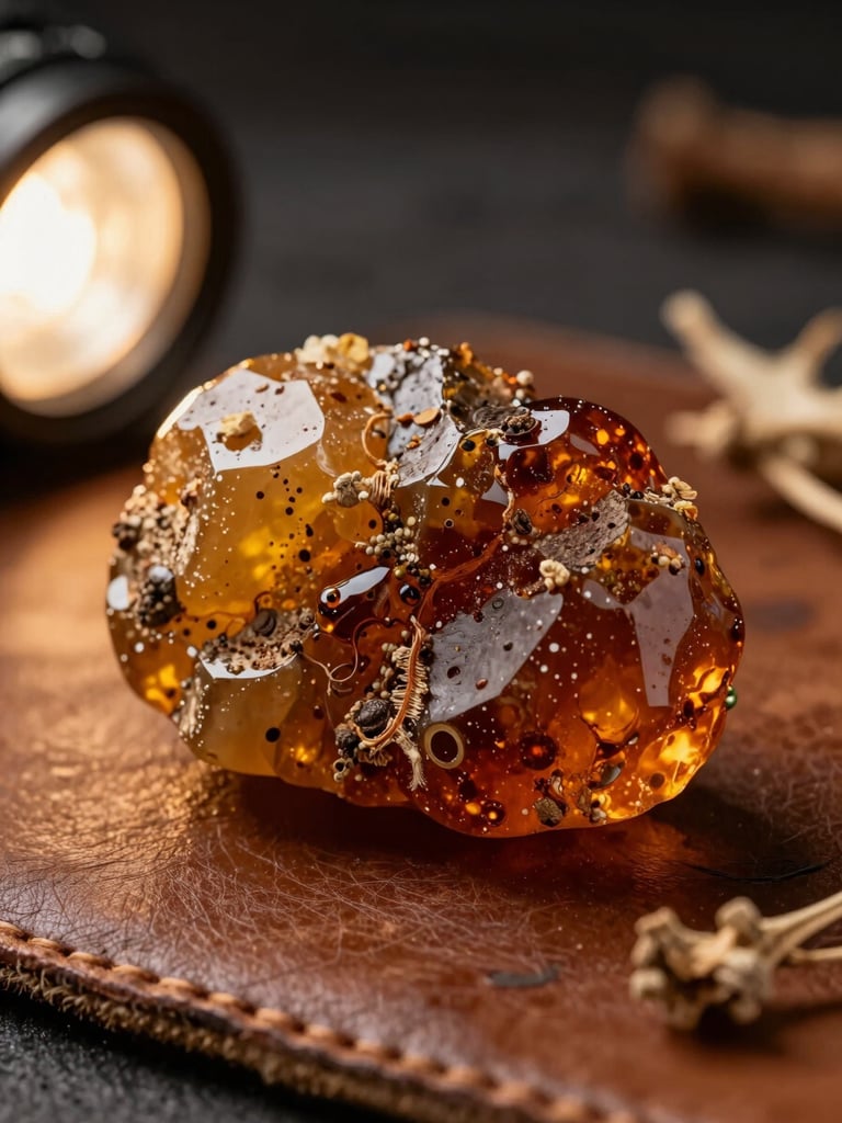 Extreme close-up of raw amber resin and dried botanicals on worn leather surface, side-lit with warm studio strobe revealing deep texture and rich earth tones, dark background