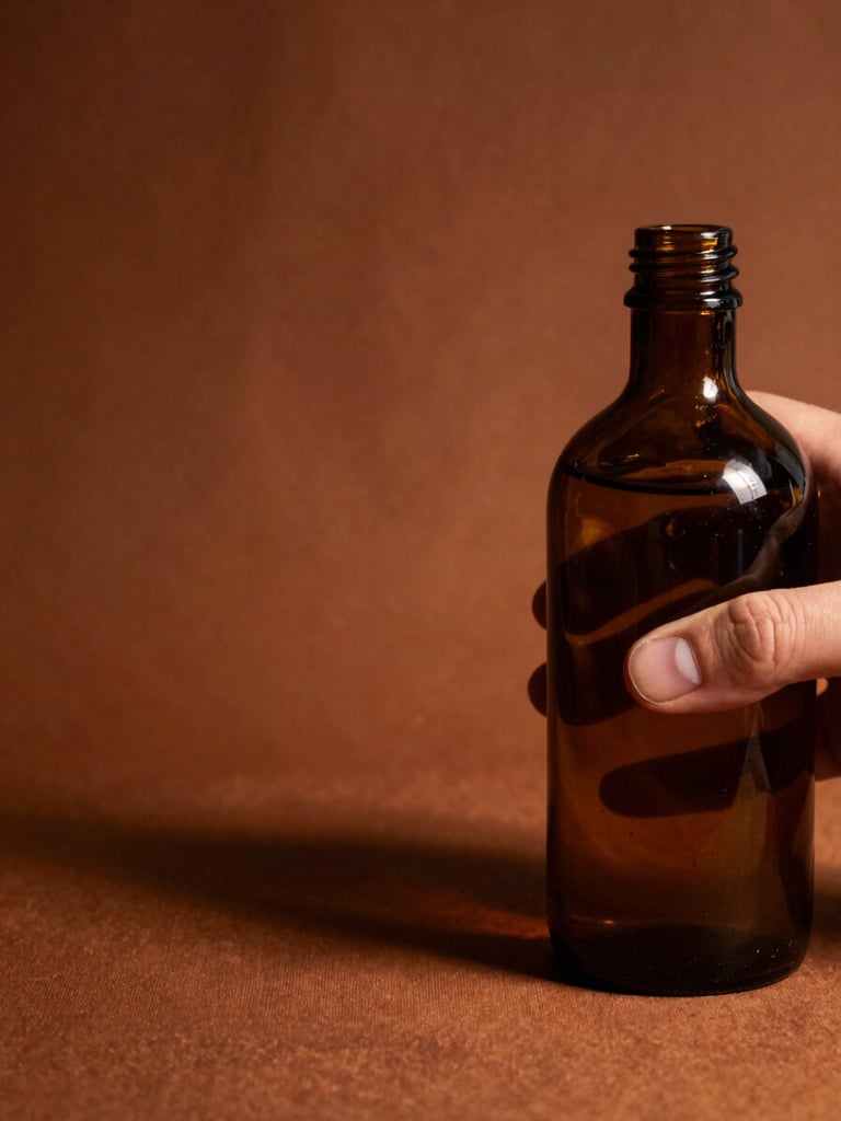 Extreme close-up from the right side — a hand gently holding a dark amber glass bottle against a deep ochre-toned textile background, warm side-light casting a long shadow across the fabric, the bottle's stopper catching a single highlight, the composition anchored to the right third of the frame with generous dark negative space on the left