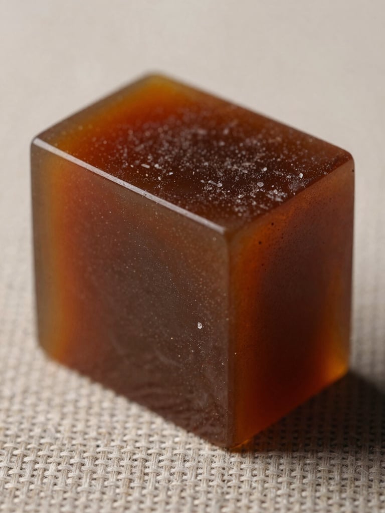 Extreme close-up of a dark amber resin block resting on rough-woven linen, warm side-light raking across the surface revealing crystalline texture, deep ochre and brown tones, macro framing filling the frame edge to edge