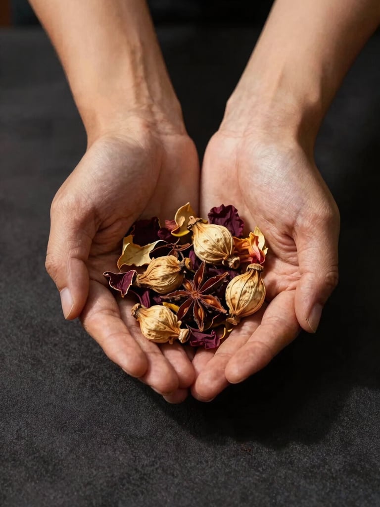 Hands gently cupping a collection of dried spice pods and flower petals over a dark cloth surface, warm side-light casting long shadows that reveal texture and depth, intimate studio framing