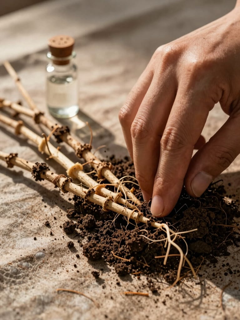 Extreme close-up of a hand pressing fingers into dark soil beside a cluster of dried vetiver roots and a small glass vial on weathered textile, warm side-lighting from the left casting long shadows across the root fibers, tactile and material