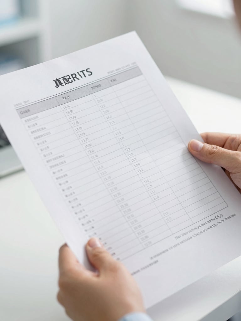 Close-up of hands holding a crisp, printed health report with structured data tables, soft indirect daylight, clean professional setting