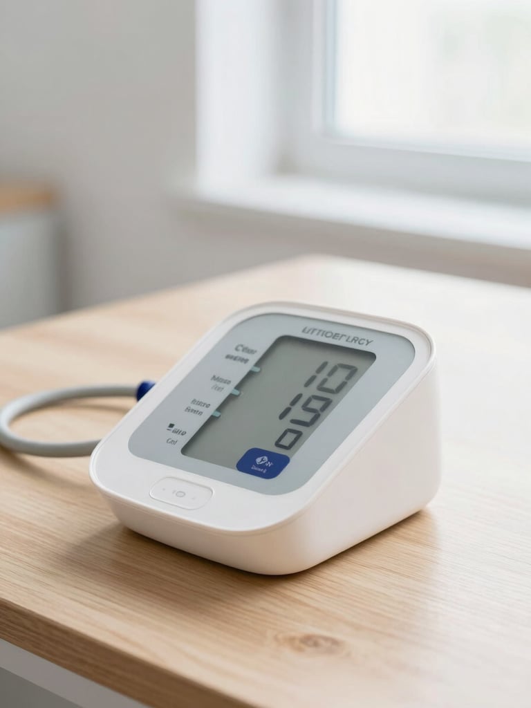 Macro shot of a modern clean blood pressure monitor resting on a light oak table, soft bright daylight from a window, shallow depth of field