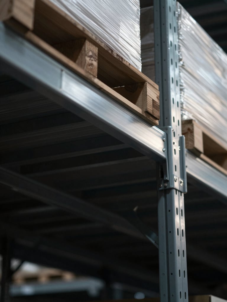 Macro details of structured warehouse shelving, high-contrast dramatic shadows, architectural lines, cool-toned daylight.