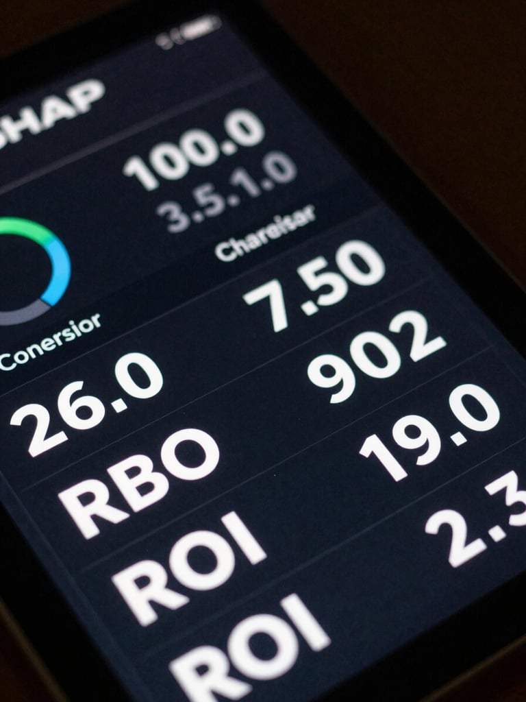 Sharp close-up of a dark analytical dashboard on a tablet screen, clean white typography displaying conversion rates and ROI metrics, dramatic side lighting, high contrast