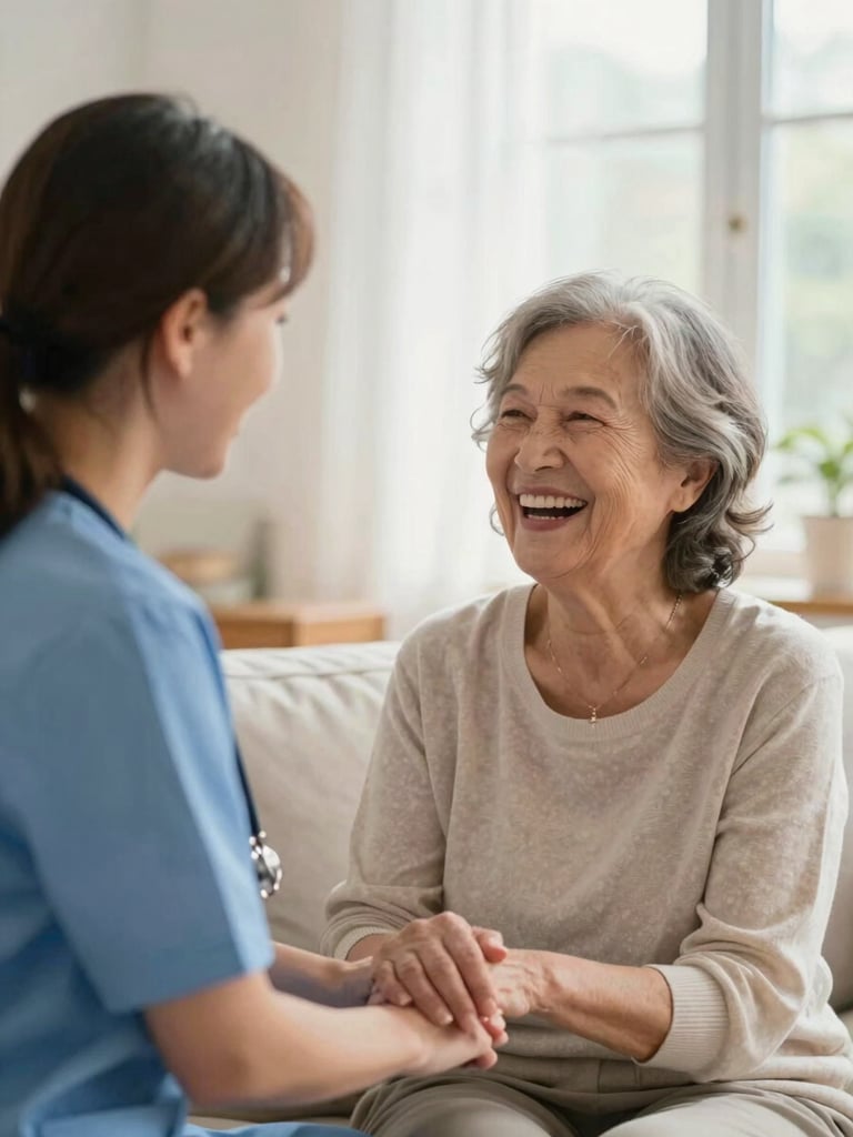 Soft warm editorial photo of an elderly woman laughing with a professional female caregiver in a sunlit living room, holding hands, shallow depth of field.