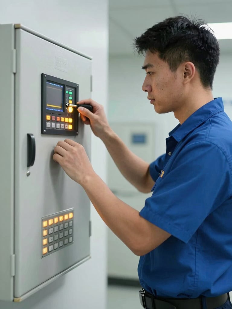 A professional security technician in a clean blue uniform calibrating a wall-mounted digital control panel with clear amber light indicators, clinical indoor lighting