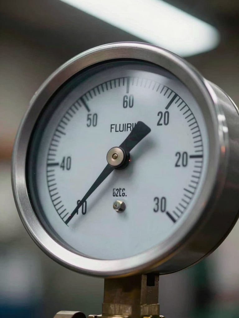 Extreme close-up of an industrial pressure gauge mid-reading on heavy machinery, fluorescent shop light raking across the dial face, high contrast, steel housing visible at frame edges
