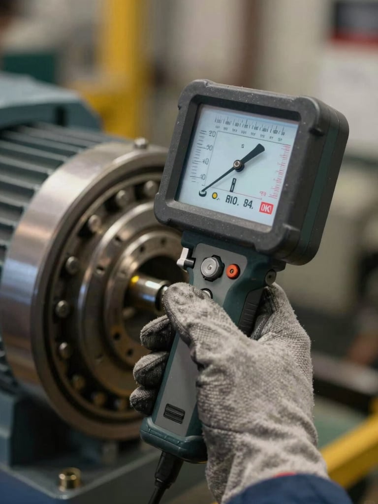 Extreme close-up of a technician's gloved hands holding a handheld vibration analyzer pressed against a bearing housing on an industrial motor, instrument display showing numerical readings, hard ambient factory light, no warm grading, sharp focus on the instrument face