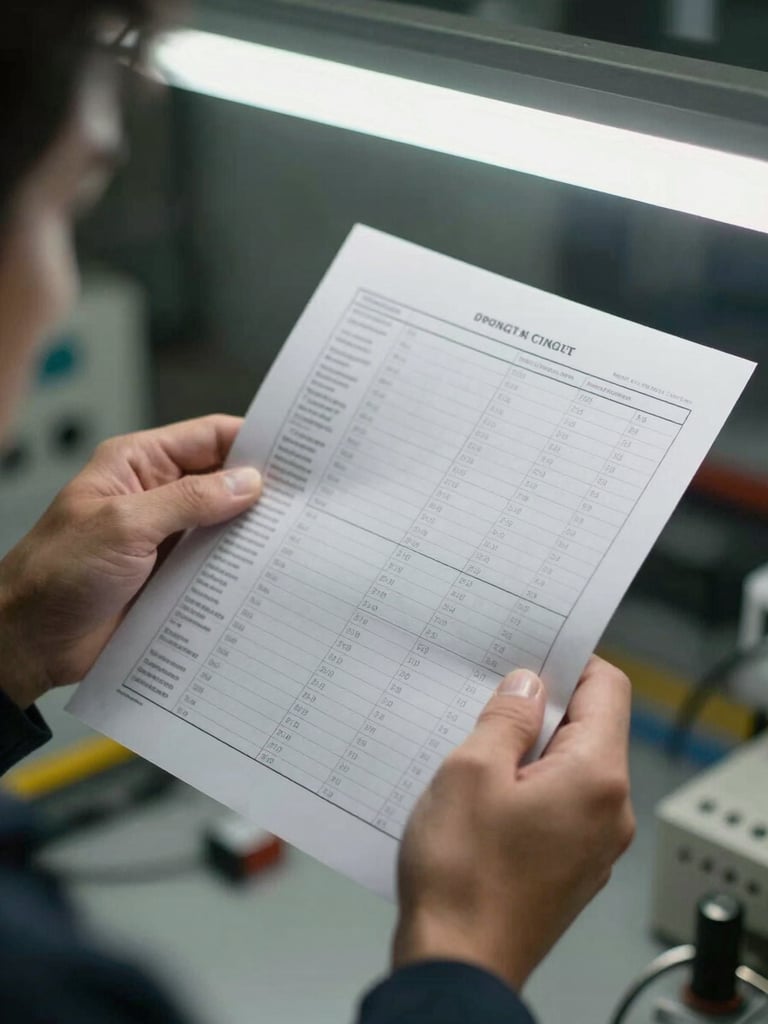 Close-up of a technician's hands holding a printed sensor data report under harsh fluorescent shop light, columns of readings visible on the page, industrial floor blurred in background