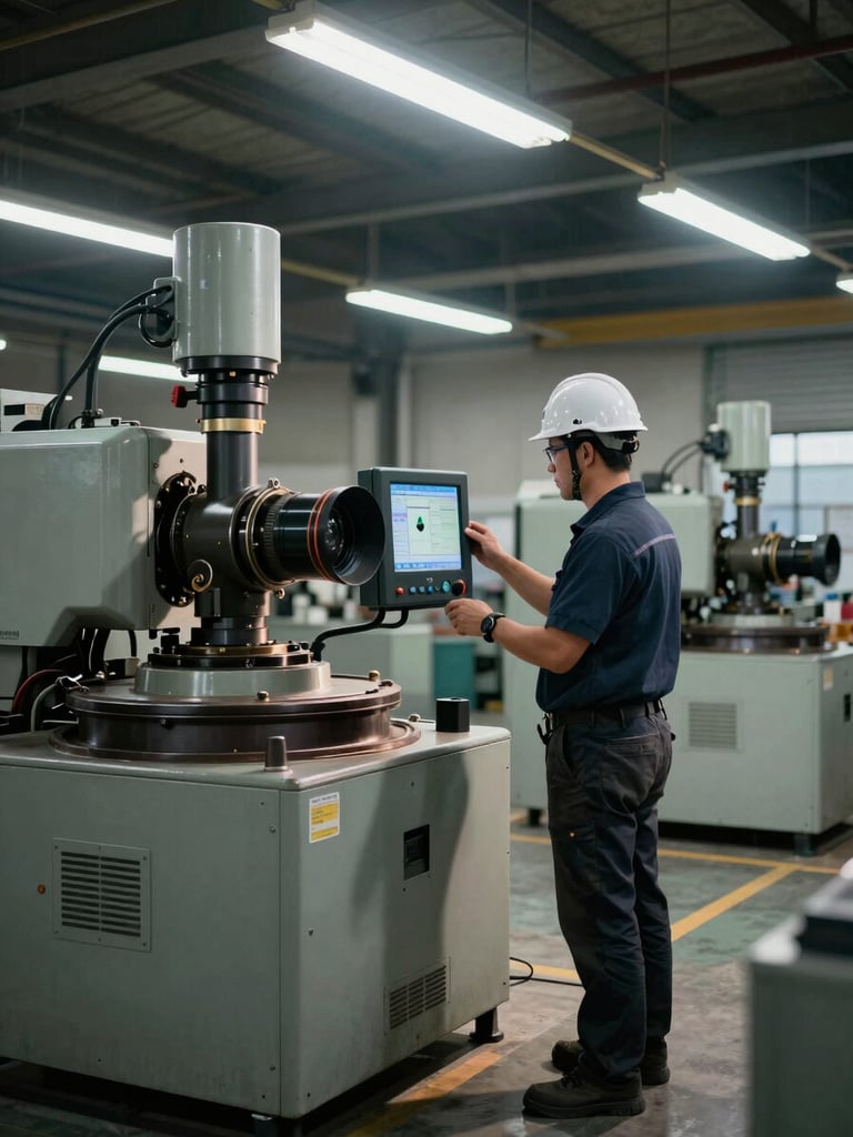 Wide shot from factory floor level — a field technician in a hard hat reviewing a sensor readout display mounted on heavy rotating equipment, fluorescent shop lighting overhead casting hard shadows, machinery filling the background, documentary framing with no posed elements