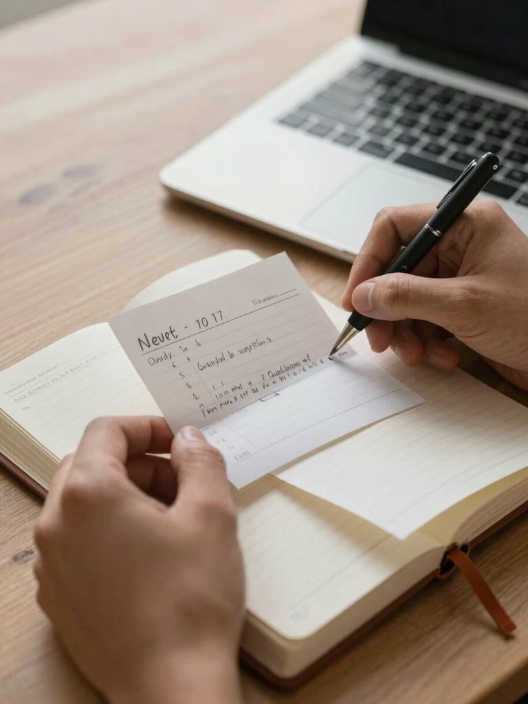 Close-up of hands organizing receipts and writing notes in a physical ledger beside a laptop, soft natural lighting, editorial style.